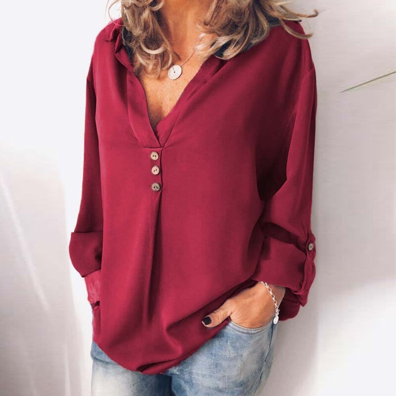 Plus Size Long Sleeve Button V-neck Solid Casual Tunic Shirt - Power ...