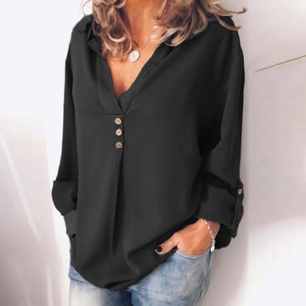 Plus Size Long Sleeve Button V-neck Solid Casual Tunic Shirt - Power ...