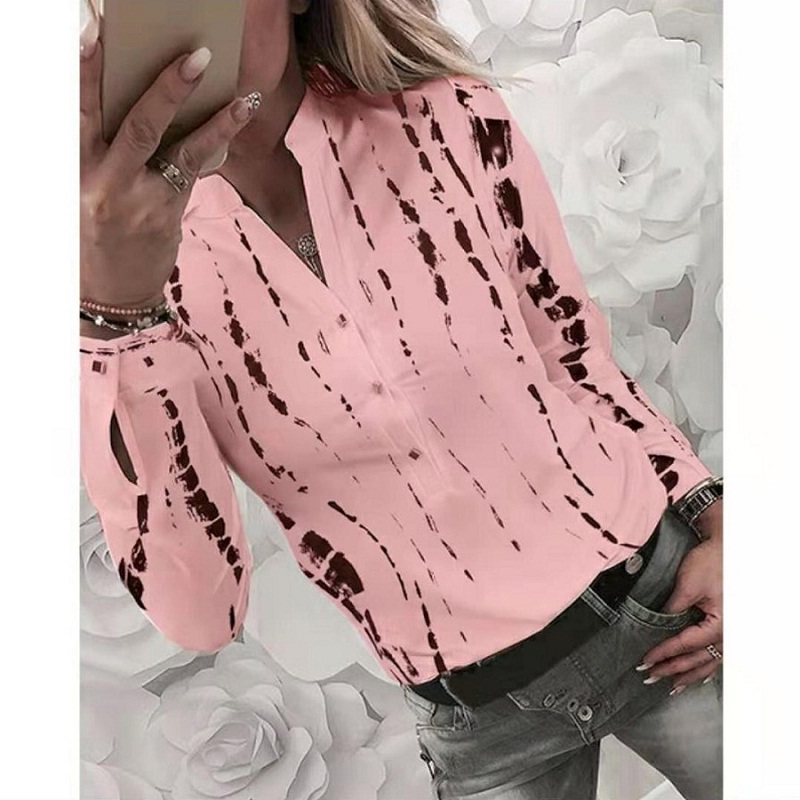 Plus Size Pattern Printed Long Sleeve V-neck Button Casual Shirt ...