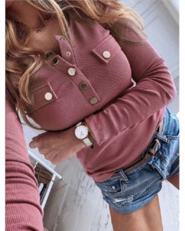 Plus Size V-neck Metal Buttons Long Sleeve Solid Ribbed Knitted Blouse