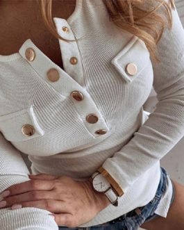 Plus Size V-neck Metal Buttons Long Sleeve Solid Ribbed Knitted Blouse