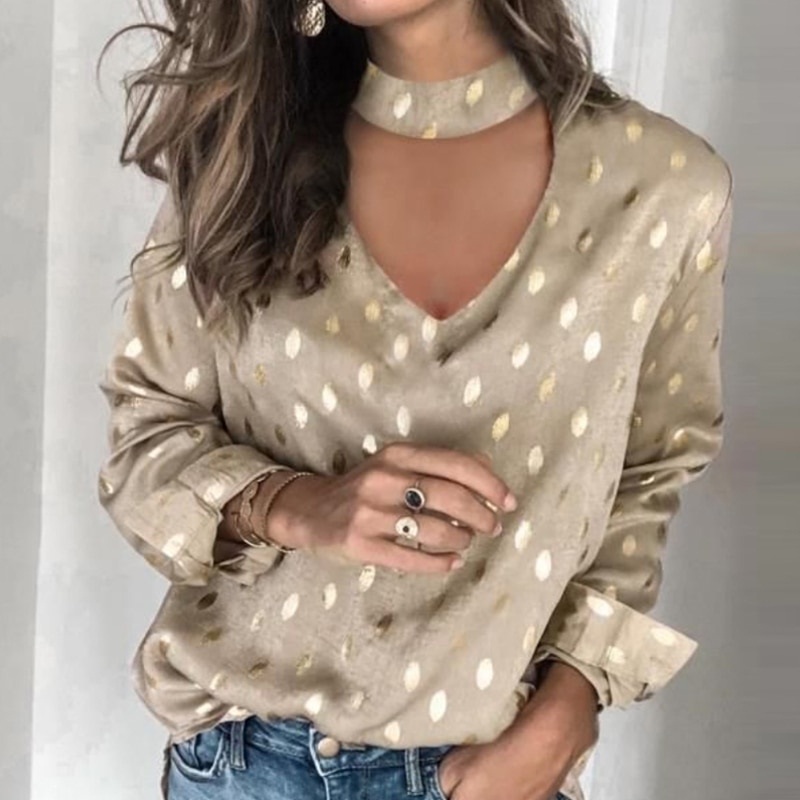 Sexy Hollow Out Polka Dot Print Long Sleeve Elegant Blouse