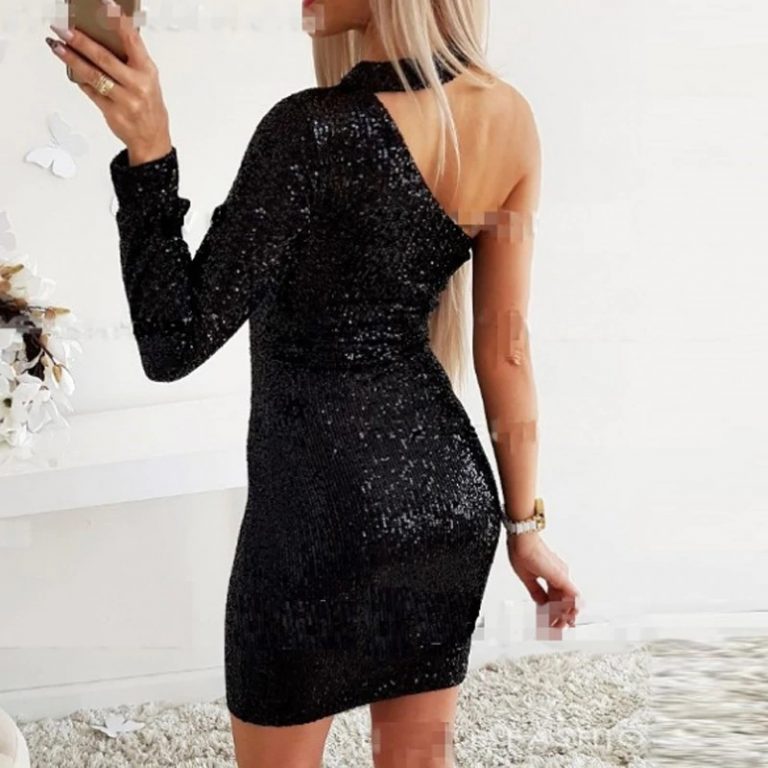 Sexy Skew Collar One-shoulder Backless Sequin Bright Party Dress ...