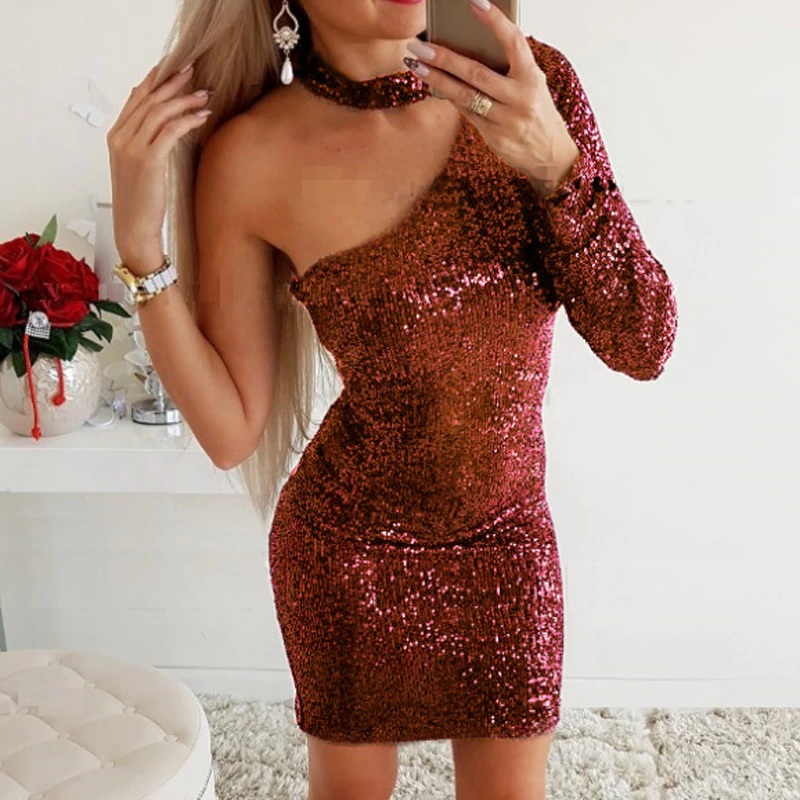 Sexy Skew Collar One-shoulder Backless Sequin Bright Party Dress - Power  Day Sale