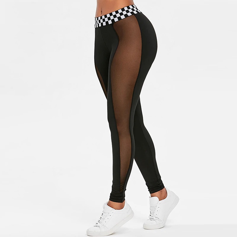 Slim Elasticity Sexy Mesh Panel Contrast Waistband Leggins