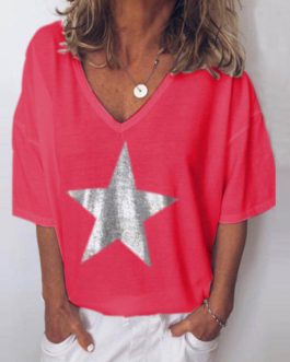 V-neck Fashion Five-pointed Star Short Sleeve Casual Blouse