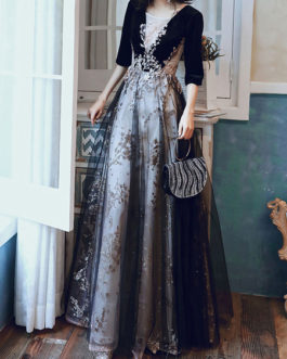 A Line Jewel Neck Sequined Half Sleeves Applique Floor Length Formal Party Dresses