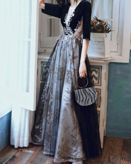 A Line Jewel Neck Sequined Half Sleeves Applique Floor Length Formal Party Dresses