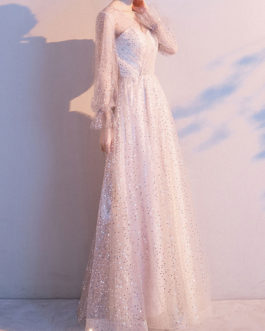 A Line V Neck Sequined Long Sleeves Wedding Guest Dresses