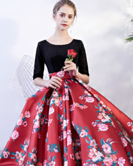 Prom Dresses Floral Print Quinceanera Dress Backless Lace Satin Chapel Train Women Pageant Dress