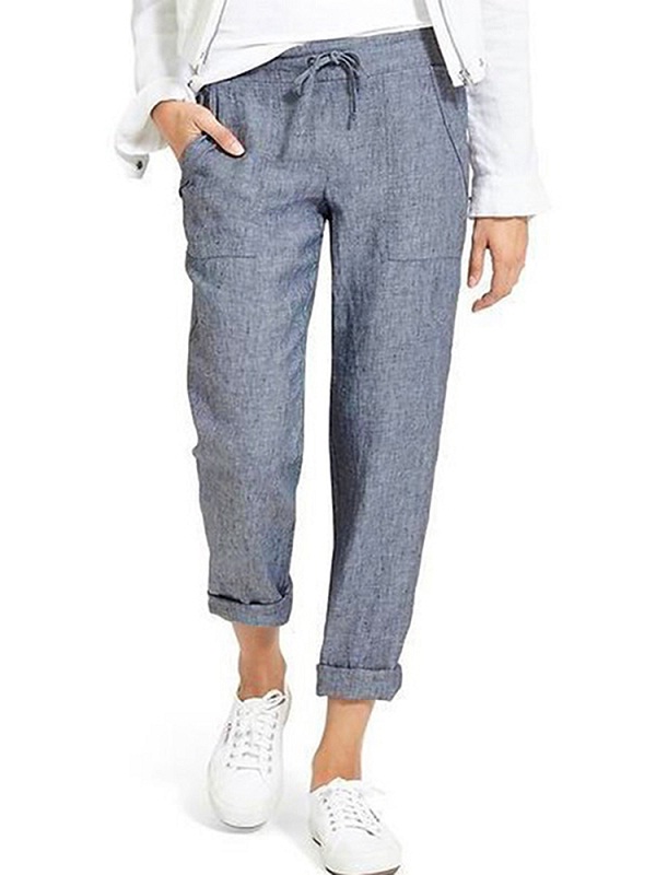 Casual Pure Color Elastic Waist Side Pockets Trouser Pants