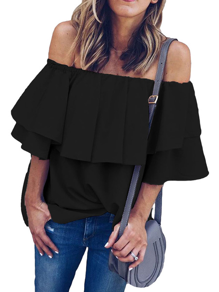 Cold Shoulder Top Ruffle Oversized Bardot Tops - Power Day Sale