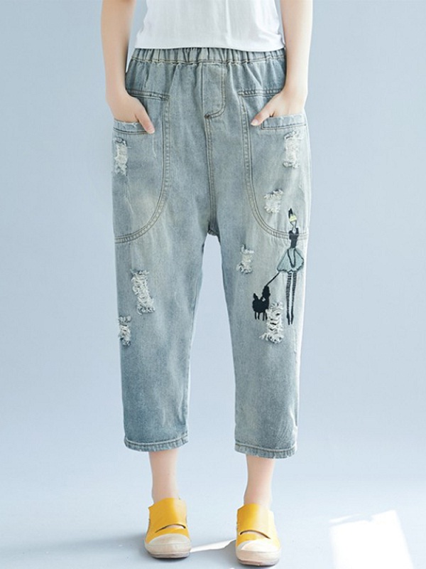 Drop Crotch Holes Loose Casual Jeans Capris - Power Day Sale