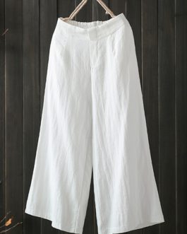 High Elastic Waist Loose Cotton Wide Leg Pants with Pockets