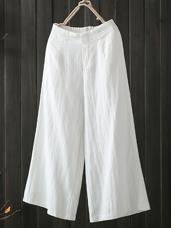 High Elastic Waist Loose Cotton Wide Leg Pants with Pockets