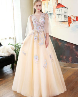 Long Tulle Luxury Flowers Embroidered Applique Beading Butterfly Sleeve Formal Party Dress