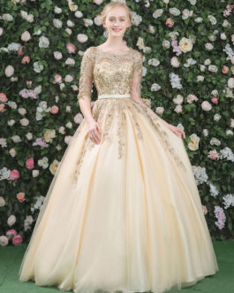 Luxury Lace Embroidered Beading Keyhole Half Sleeve Floor Length Princess Quinceanera Dresses