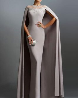 Maxi Dresses Long Sleeves Jewel Neck Pleated Layered Polyester Floor Length Dress