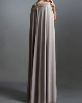 Maxi Dresses Long Sleeves Jewel Neck Pleated Layered Polyester Floor Length Dress