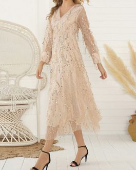 Maxi Dresses Long Sleeves V Neck Maxi Layered Sequined Long Dress