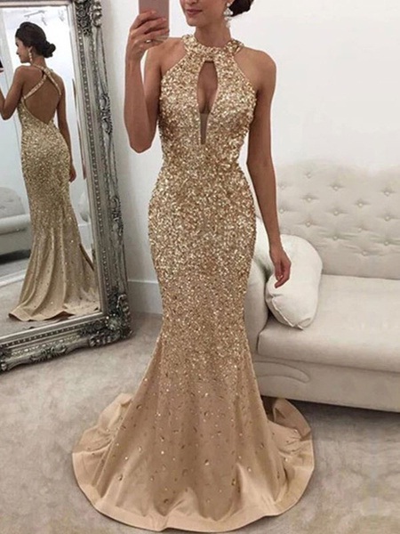 Maxi Dresses Sleeveless Jewel Neck Cut Out Backless Polyester Floor Length Dress