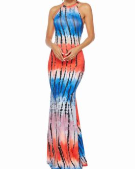 Maxi Dresses Sleeveless Printed Jewel Neck Polyester Long Dress