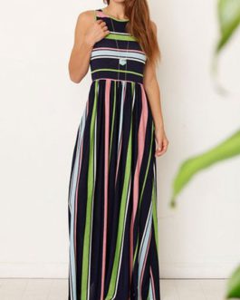 Maxi Dresses Sleeveless Stripes Jewel Neck Cotton Blend Floor Length Dress