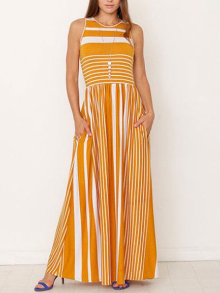 Maxi Dresses Sleeveless Stripes Jewel Neck Cotton Blend Floor Length 