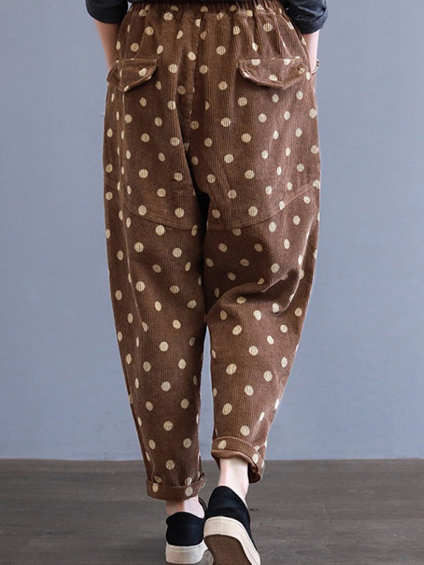 Polka Dot Print Elastic Waist Corduroy Pants