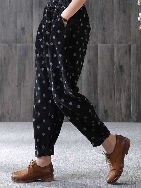 Polka Dot Print Elastic Waist Corduroy Pants Power Day Sale