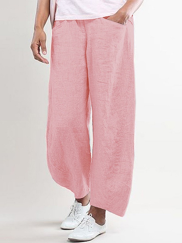 Pure Color Elastic Waist Wide Leg Side Pocket Pants