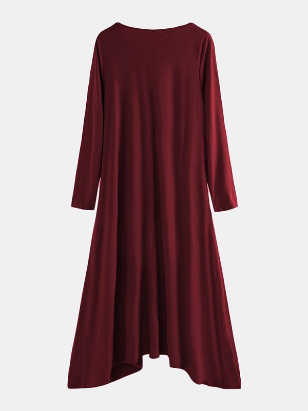Pure Color O-neck Long Sleeve High Low Hem Dress - Power Day Sale