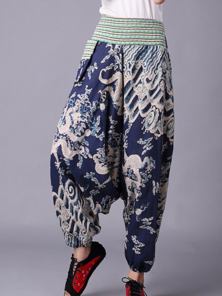 Retro Folk Style Print Elastic Waist Pants - Power Day Sale