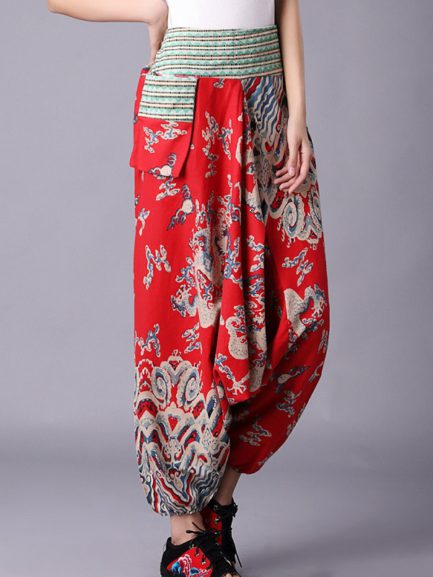 Retro Folk Style Print Elastic Waist Pants - Power Day Sale