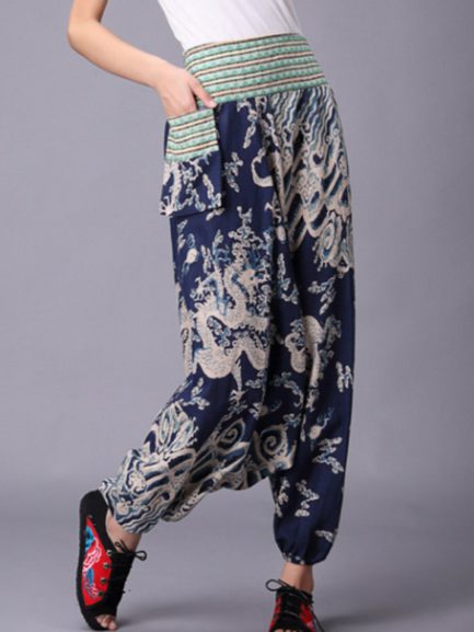 Retro Folk Style Print Elastic Waist Pants - Power Day Sale