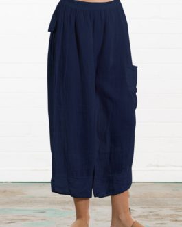Solid Color Cotton Elastic Waist Loose Wide Leg Pants with Pocket