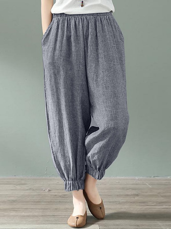 Stripe Elastic Waist Loose Pocket Casual Pants - Power Day Sale