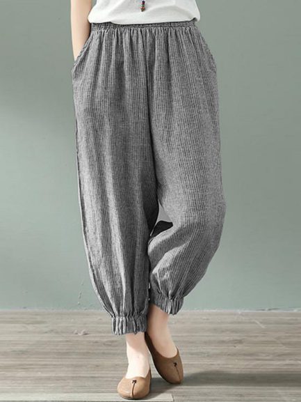 Stripe Elastic Waist Loose Pocket Casual Pants - Power Day Sale