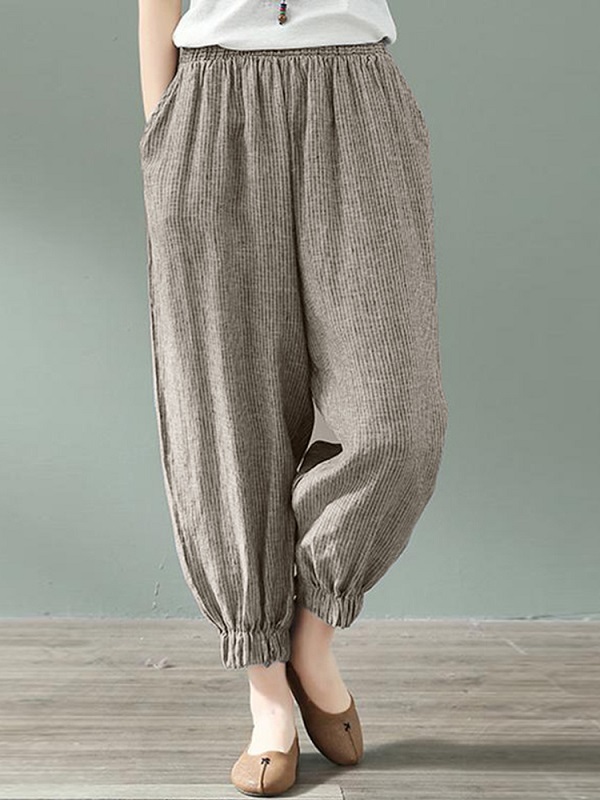 Stripe Elastic Waist Loose Pocket Casual Pants