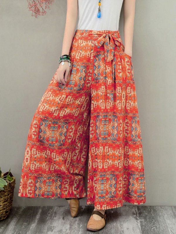 Wide Leg Floral Printed Elastic Waist Side Pockets Trousers Pants