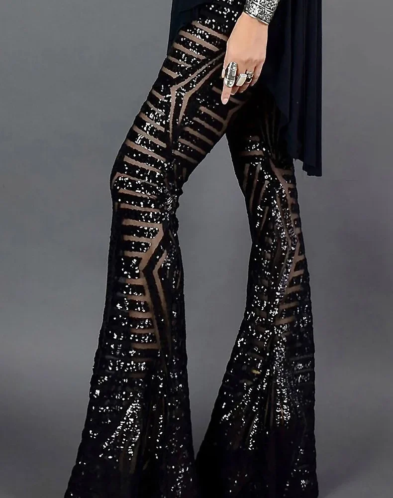 70s Sequin Bell Bottom Casual Polyester Waist Flare Pants