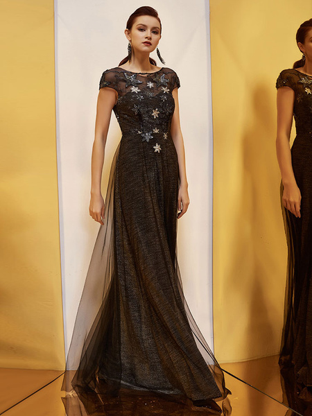 A Line Bateau Neck Tulle Short Sleeves Cut Out Pageant Dresses