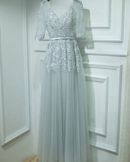 A Line V Neck Tulle Half Sleeves Floor Length Sash Party Prom Dresses