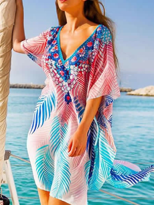 Beach Cover Up Dress Floral Print V Neck Half Sleeves Chiffon Swimwear