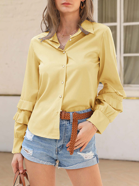 Blouse Ruffles Turndown Collar Sexy Long Sleeves Polyester Tops - Power ...
