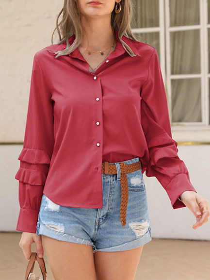 Blouse Ruffles Turndown Collar Sexy Long Sleeves Polyester Tops - Power ...