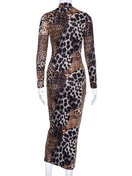 Bodycon Leopard Print Jewel Neck Sexy Long Sleeves Pencil Dress - Power ...