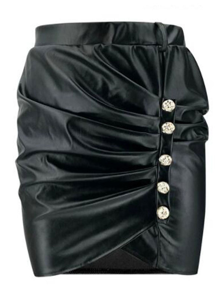 Bodycon Skrit Buttons PU Leather Ruched Bottoms - Power Day Sale