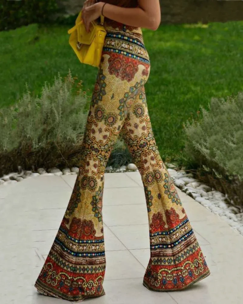 Boho Bell Bottom Pants 70s Printed Flare Trousers