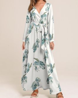 Causal V-neck Belted Long Sleeve Beach Holiday Maxi Dress